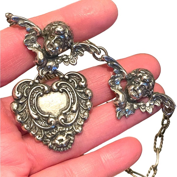 Vintage Art Deco Victorian T Foree Hunsicker Cherub Angel Sterling necklace RARE - Picture 9 of 16